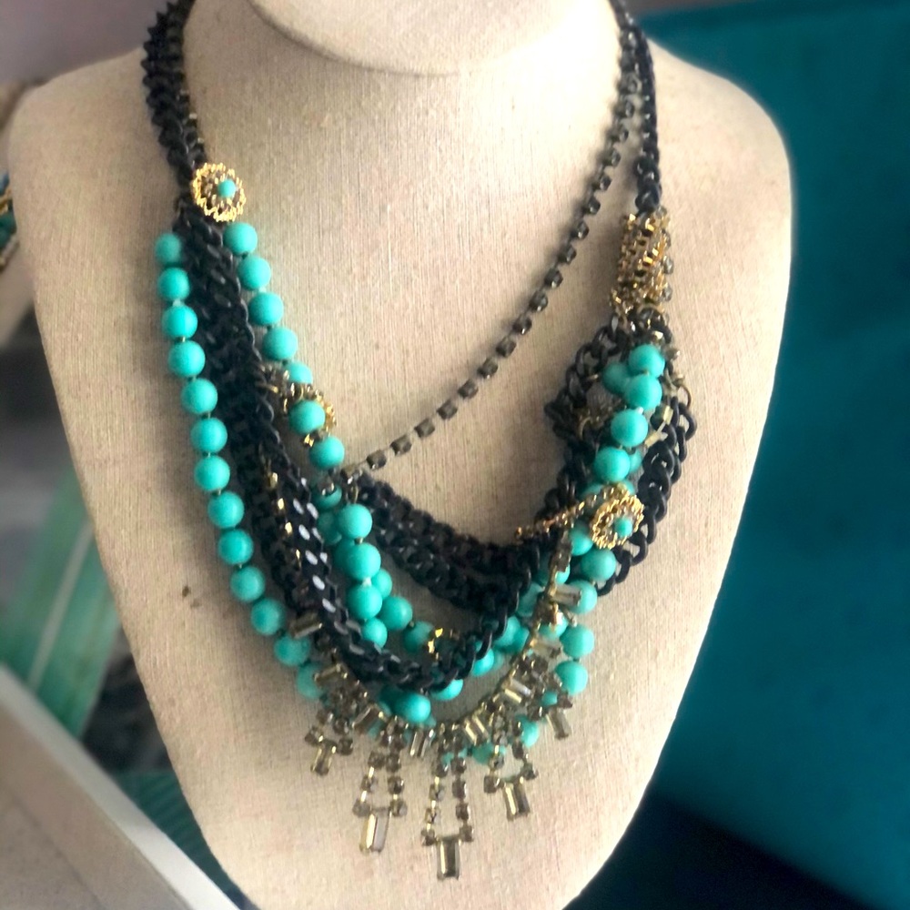 Turquoise and crystal baguette statement necklace